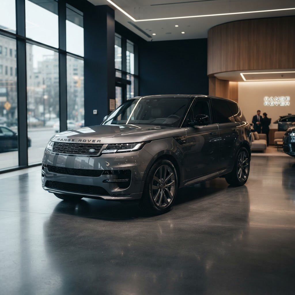 A brand new luxury SUV displayed in a modern dealership showroom